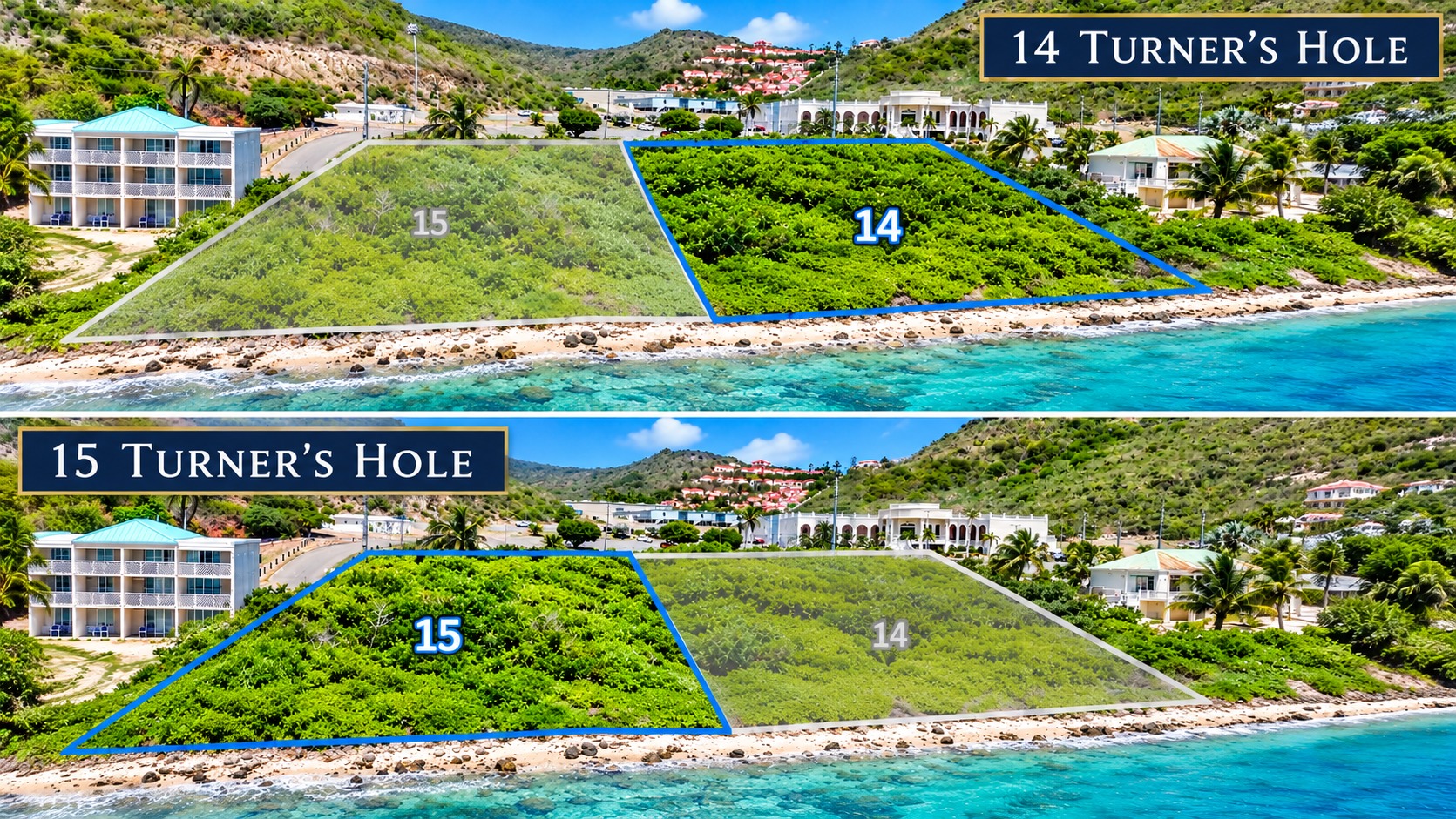 Drone view of 14 and 15 Turner's Hole waterfront lots on St. Croix